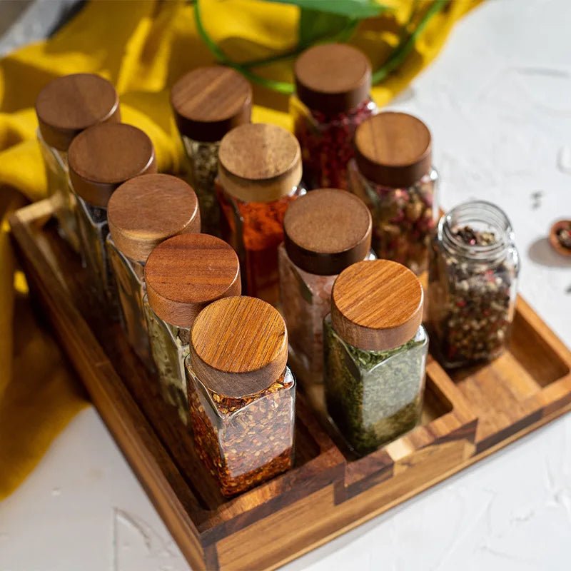 6 - Piece Acacia Wood Glass Spice Jars Set - Volaia