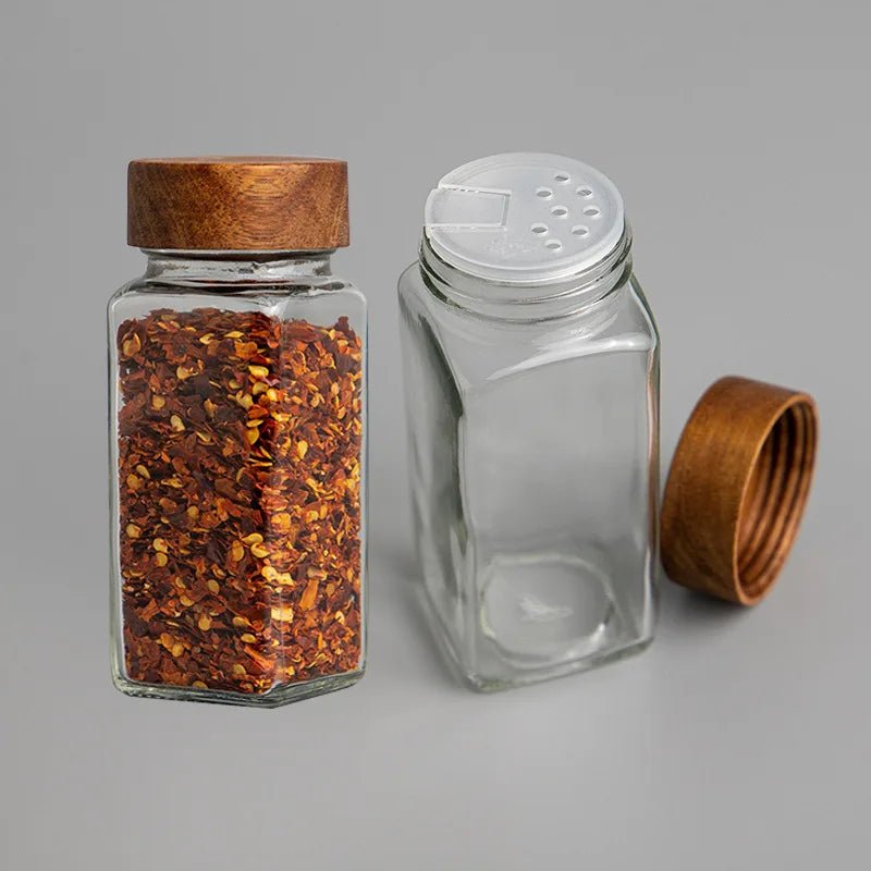 6 - Piece Acacia Wood Glass Spice Jars Set - Volaia