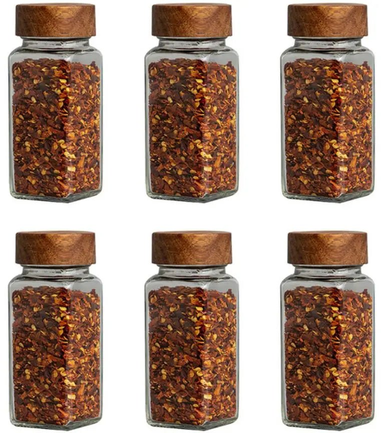6 - Piece Acacia Wood Glass Spice Jars Set - Volaia