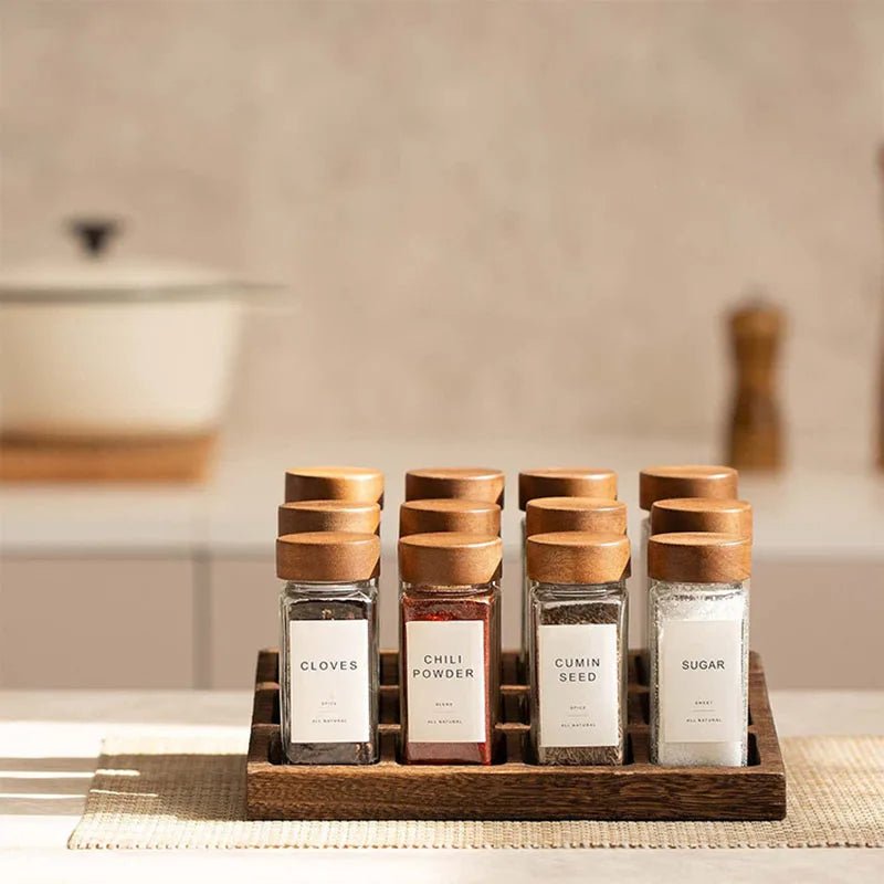 6 - Piece Acacia Wood Glass Spice Jars Set - Volaia