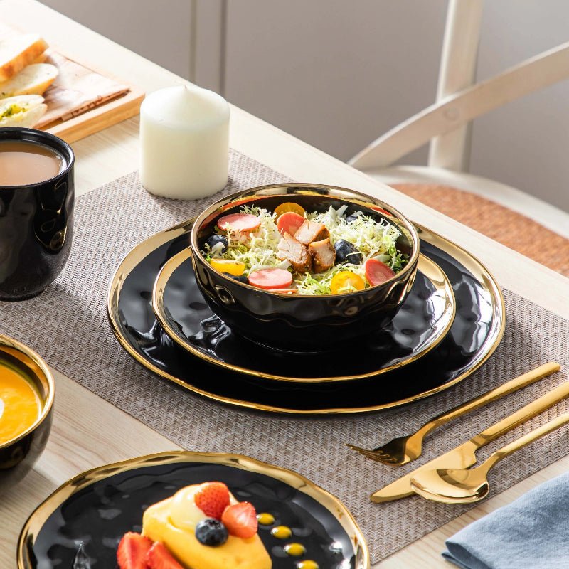 Black Porcelain Set with Gold Trim – Plates & Bowls - Volaia