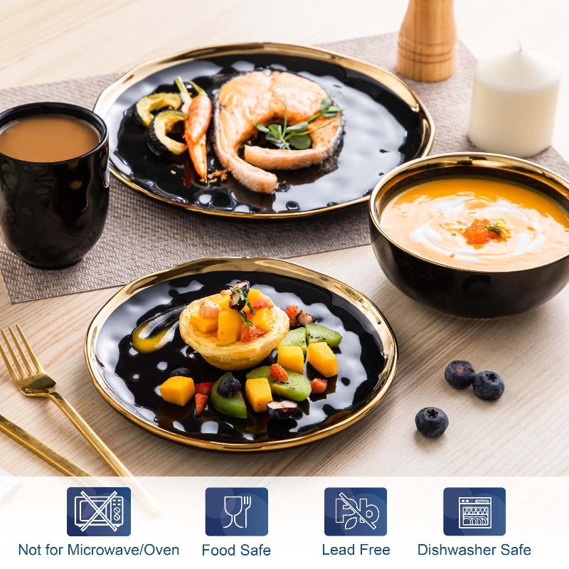 Black Porcelain Set with Gold Trim – Plates & Bowls - Volaia