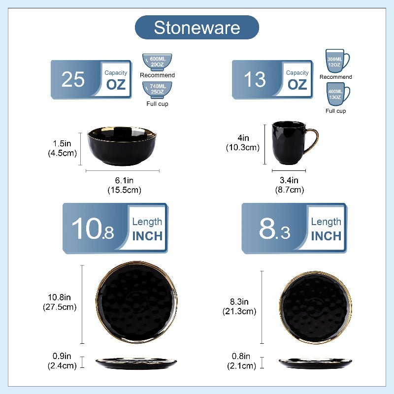 Black Porcelain Set with Gold Trim – Plates & Bowls - Volaia