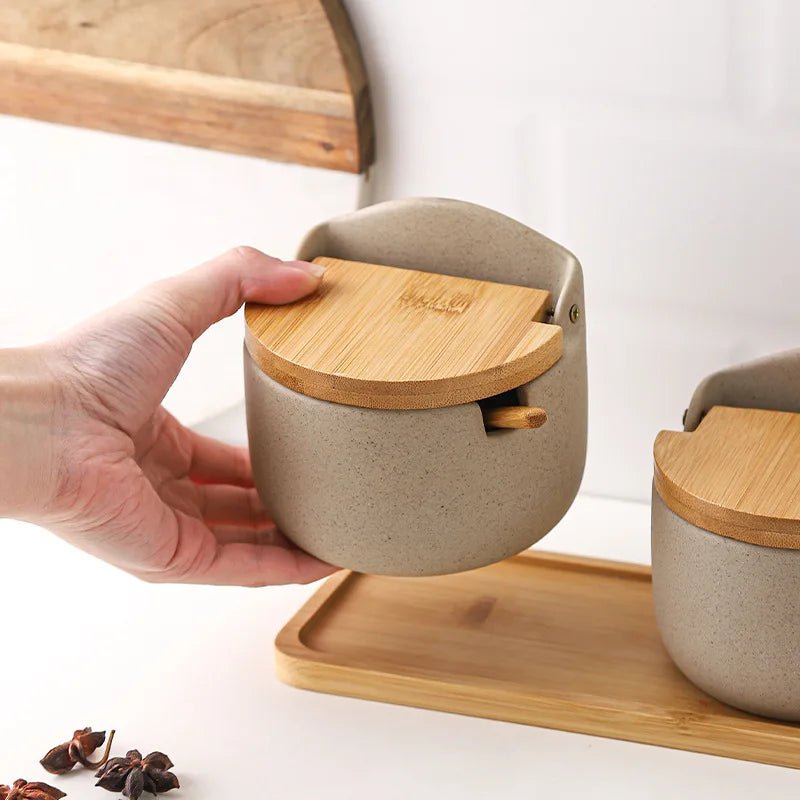 Ceramic Spice Jars with Wooden Lids and Spoons - Volaia