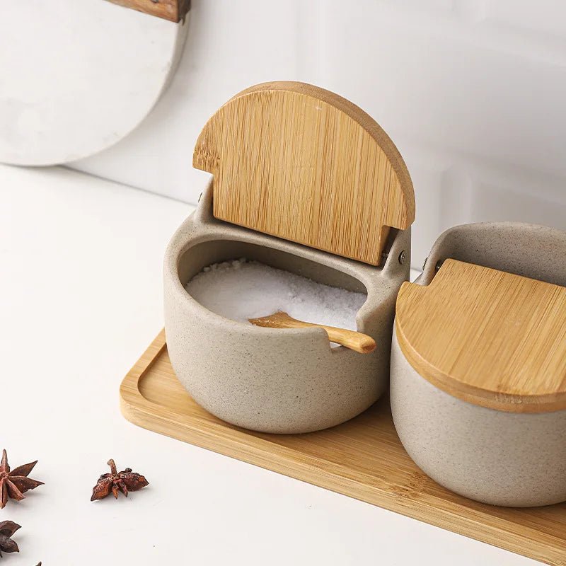 Ceramic Spice Jars with Wooden Lids and Spoons - Volaia