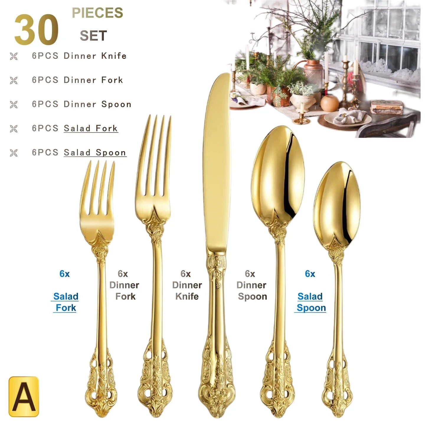 Elegant 24k Gold - Plated Vintage Cutlery Set for 6 - Volaia