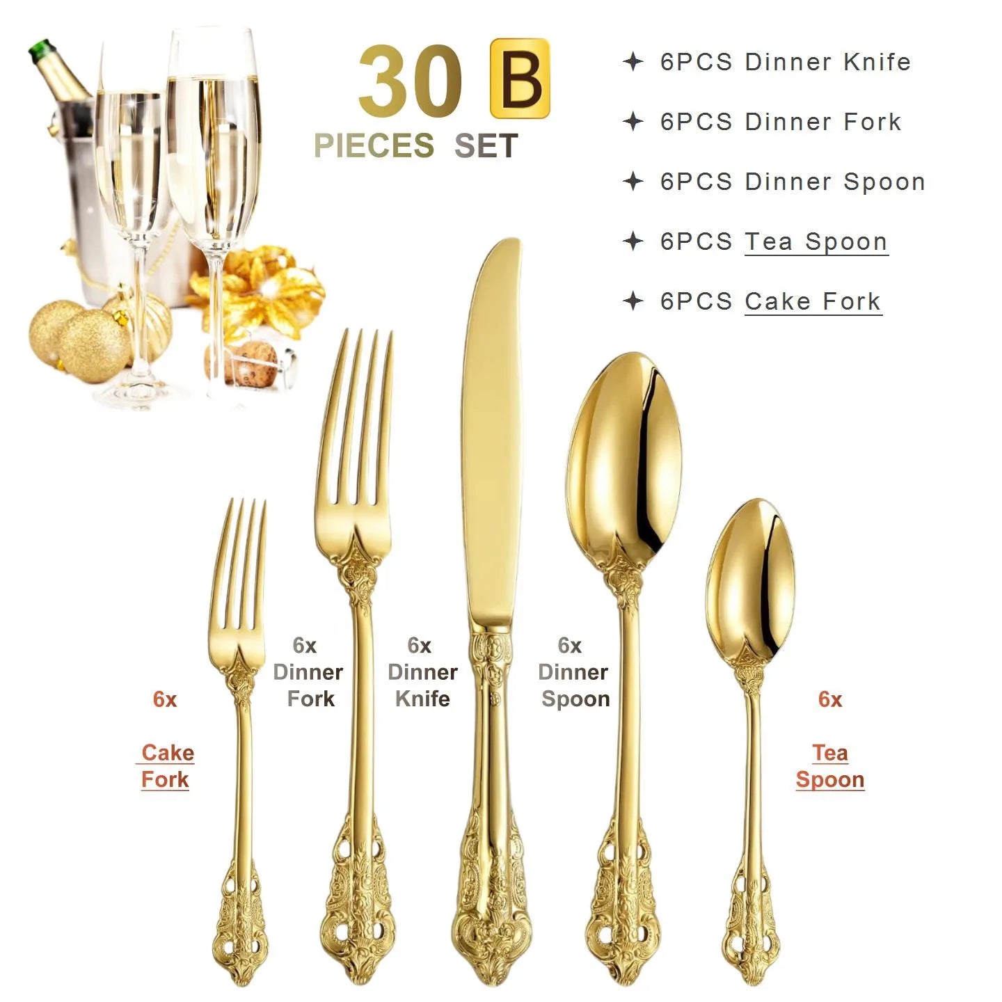 Elegant 24k Gold - Plated Vintage Cutlery Set for 6 - Volaia
