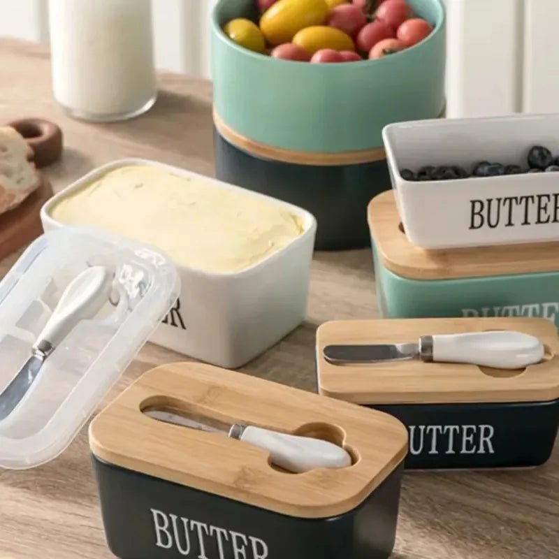 Elegant Ceramic Butter Dish with Bamboo Lid & Knife - Volaia