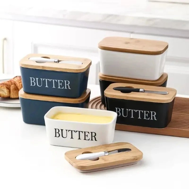 Elegant Ceramic Butter Dish with Bamboo Lid & Knife - Volaia