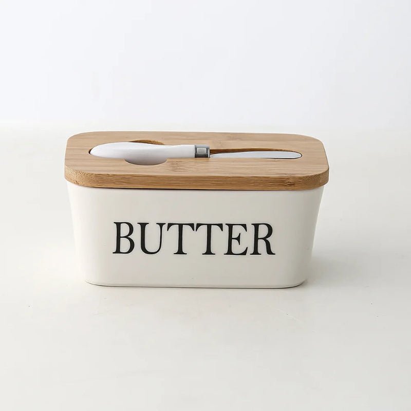 Elegant Ceramic Butter Dish with Bamboo Lid & Knife - Volaia