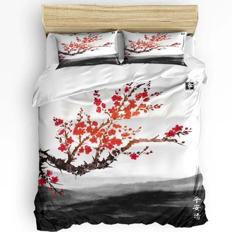 Elegant Crane & Plum Blossom 3 - Piece Bedding Set - Volaia