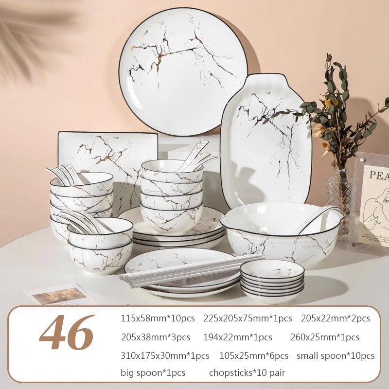 Elegant Marble Ceramic Dinnerware Set with Gold Inlay - Volaia