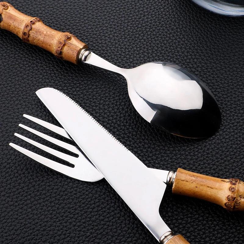 Flatware Set with Bamboo Handles 24 Piece Stainless Steel - Volaia