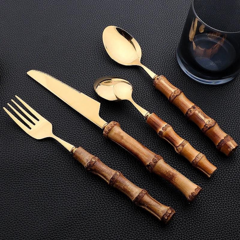 Flatware Set with Bamboo Handles 24 Piece Stainless Steel - Volaia