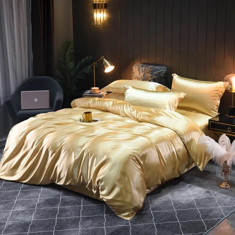 Monochrome Satin Bedding Set - Includes Sheets, Pillowcases and Duvet Cover - Volaia