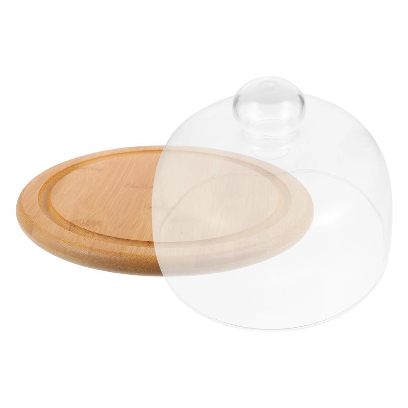 Round Glass & Wood Dessert Stand - Traditional Cupcake Display with Clear Glass Lid - Volaia