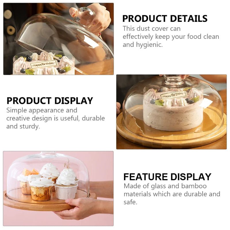 Round Glass & Wood Dessert Stand - Traditional Cupcake Display with Clear Glass Lid - Volaia