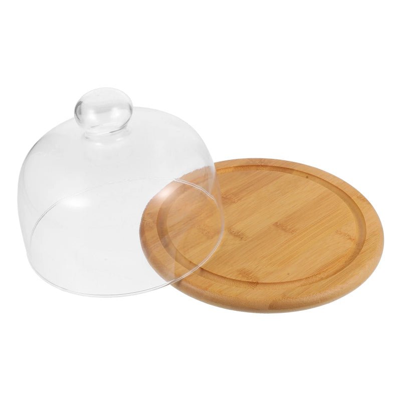 Round Glass & Wood Dessert Stand - Traditional Cupcake Display with Clear Glass Lid - Volaia