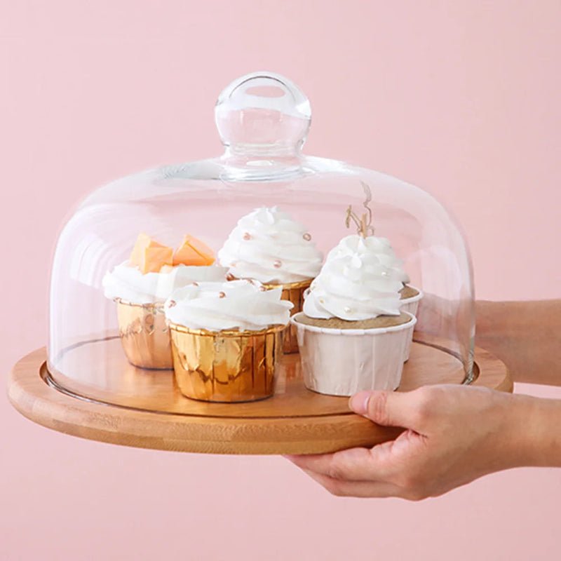 Round Glass & Wood Dessert Stand - Traditional Cupcake Display with Clear Glass Lid - Volaia
