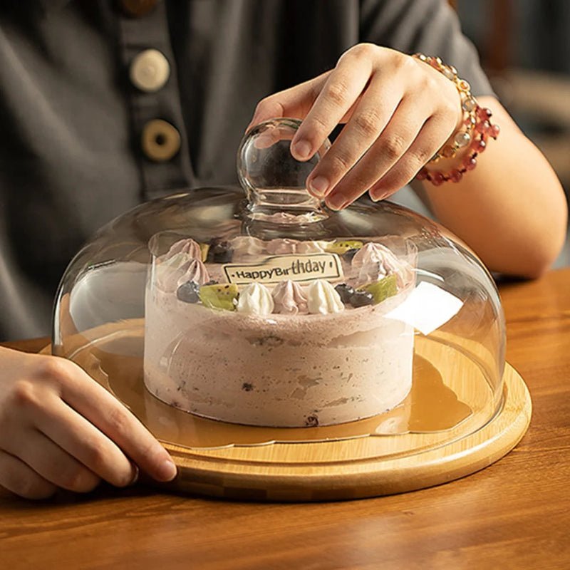 Round Glass & Wood Dessert Stand - Traditional Cupcake Display with Clear Glass Lid - Volaia