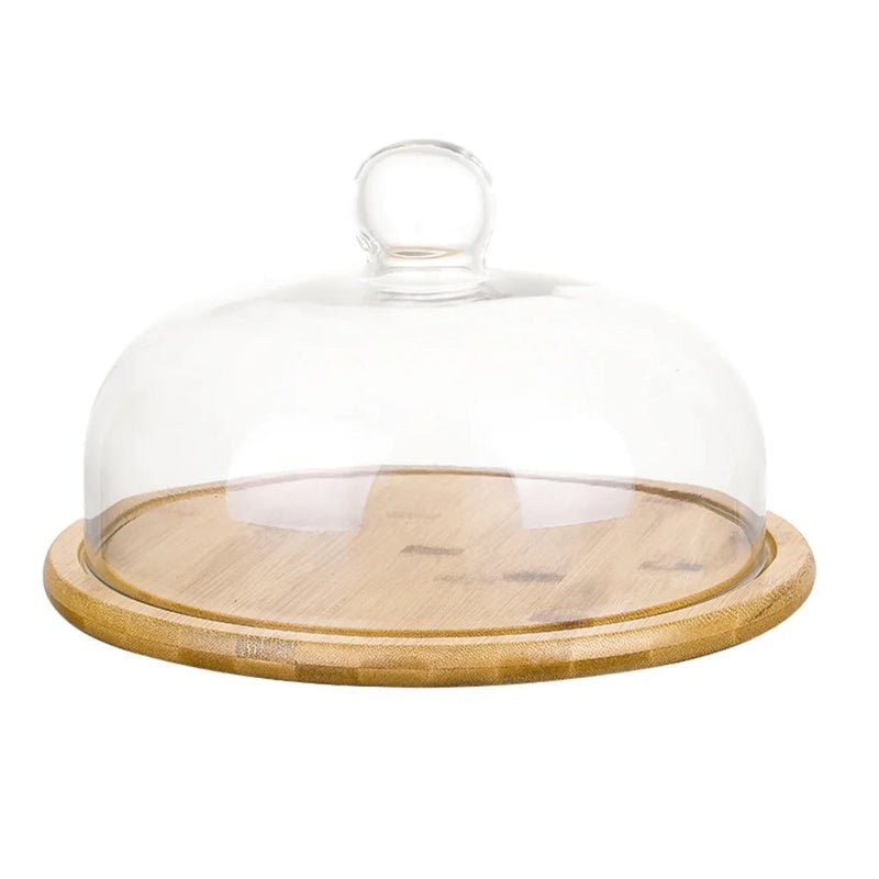 Round Glass & Wood Dessert Stand - Traditional Cupcake Display with Clear Glass Lid - Volaia