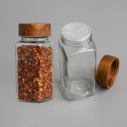 6 - Piece Acacia Wood Glass Spice Jars Set - Volaia