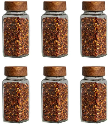 6 - Piece Acacia Wood Glass Spice Jars Set - Volaia