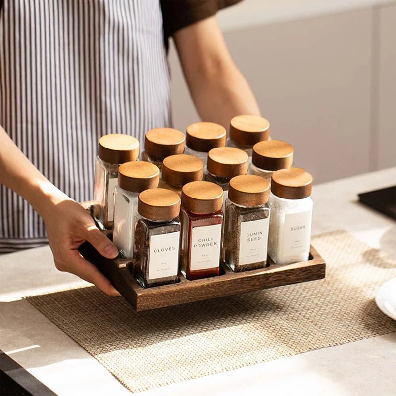 6 - Piece Acacia Wood Glass Spice Jars Set - Volaia
