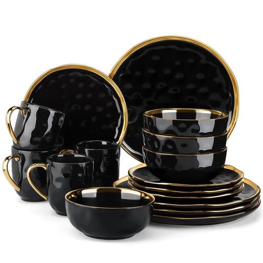 Black Porcelain Set with Gold Trim – Plates & Bowls - Volaia