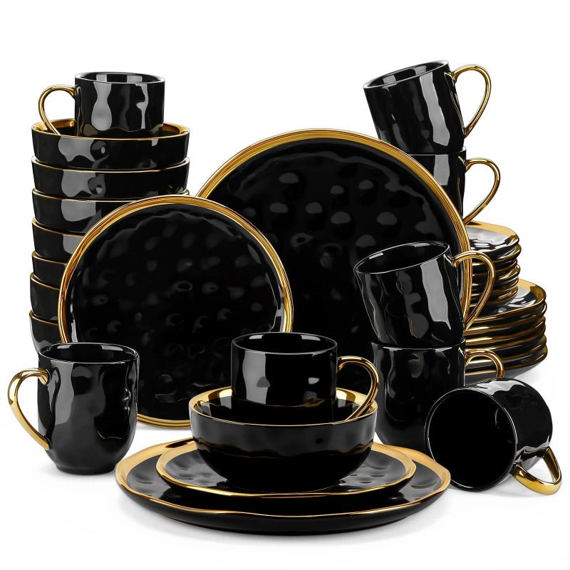 Black Porcelain Set with Gold Trim – Plates & Bowls - Volaia