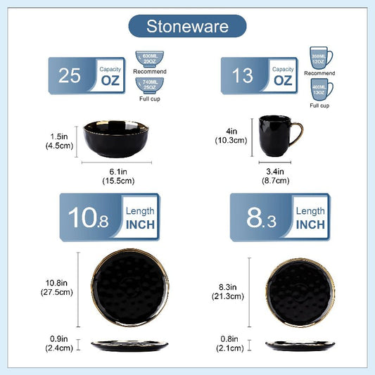 Black Porcelain Set with Gold Trim – Plates & Bowls - Volaia