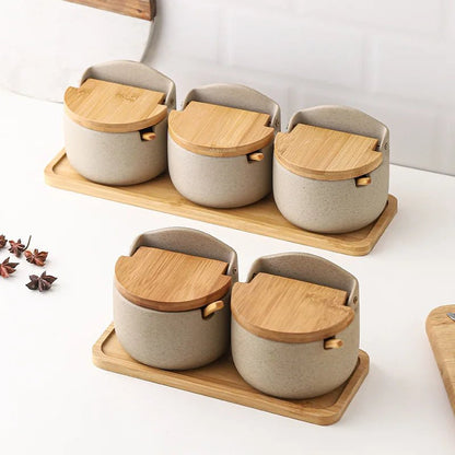 Ceramic Spice Jars with Wooden Lids and Spoons - Volaia