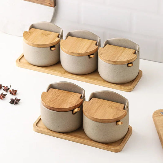Ceramic Spice Jars with Wooden Lids and Spoons - Volaia
