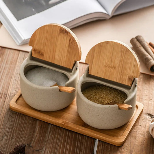 Ceramic Spice Jars with Wooden Lids and Spoons - Volaia