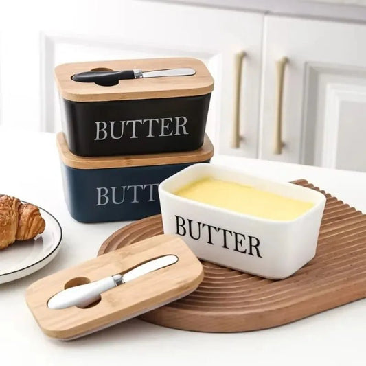 Elegant Ceramic Butter Dish with Bamboo Lid & Knife - Volaia