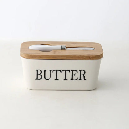 Elegant Ceramic Butter Dish with Bamboo Lid & Knife - Volaia
