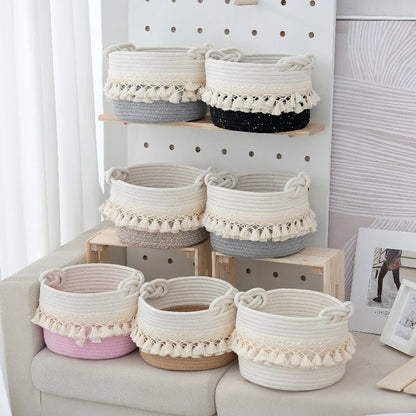 Elegant Cotton Rope Storage Basket with Tassels - Volaia