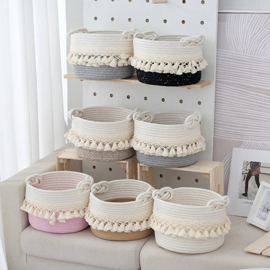 Elegant Cotton Rope Storage Basket with Tassels - Volaia