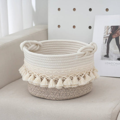 Elegant Cotton Rope Storage Basket with Tassels - Volaia