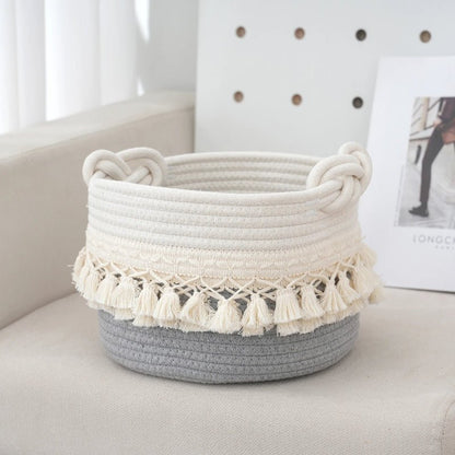 Elegant Cotton Rope Storage Basket with Tassels - Volaia