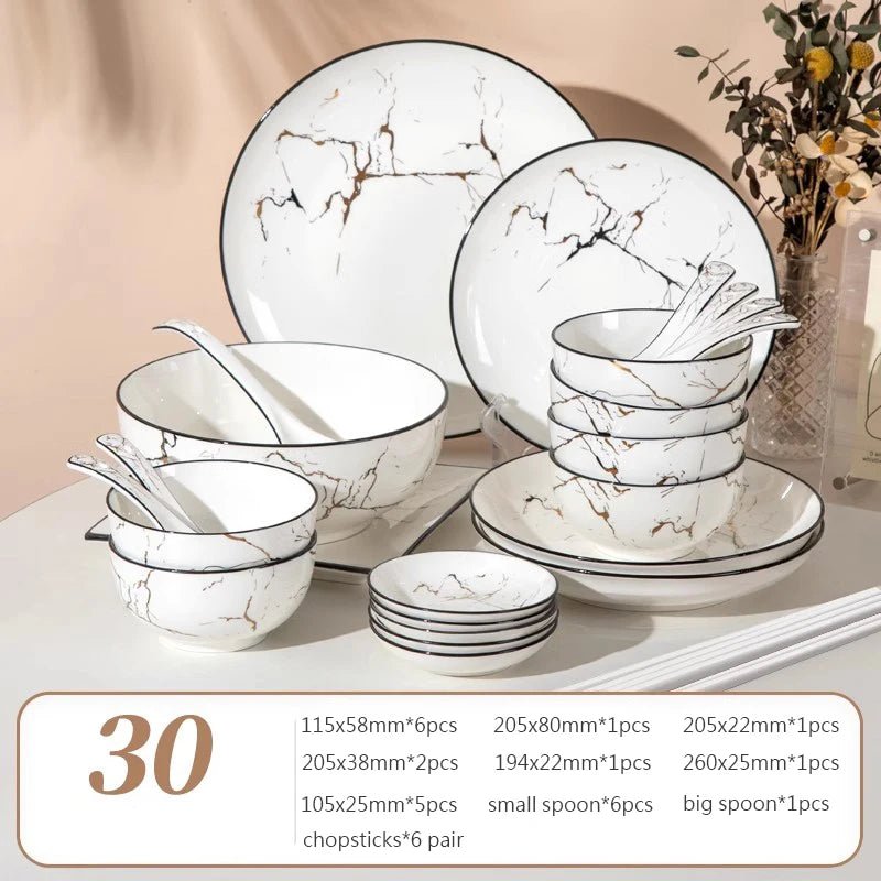 Elegant Marble Ceramic Dinnerware Set with Gold Inlay - Volaia