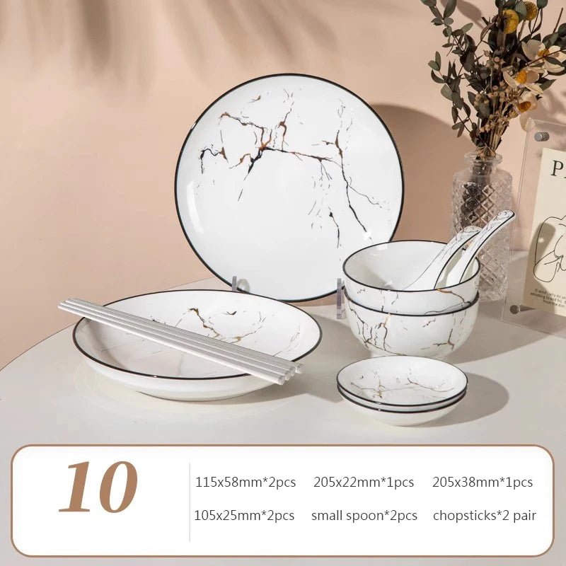 Elegant Marble Ceramic Dinnerware Set with Gold Inlay - Volaia