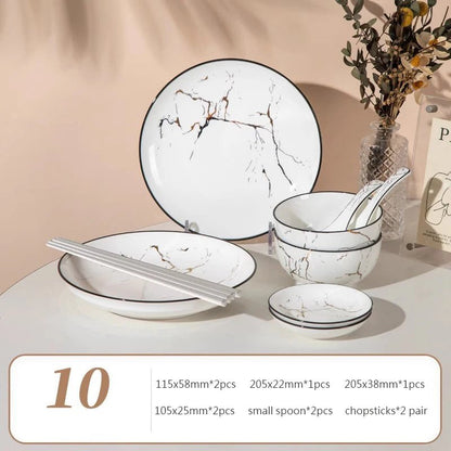 Elegant Marble Ceramic Dinnerware Set with Gold Inlay - Volaia