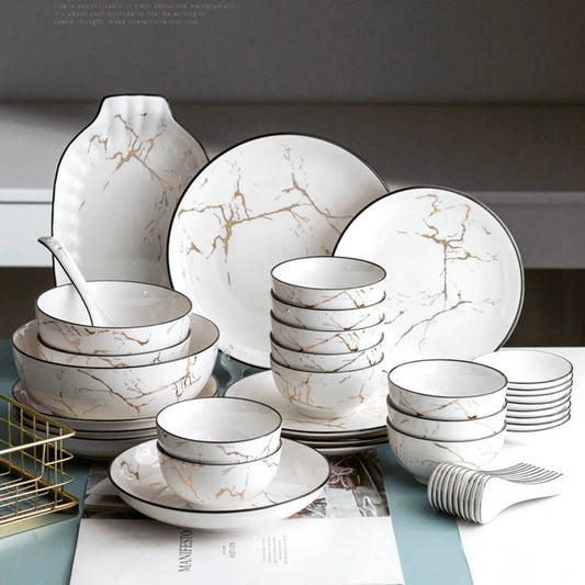 Elegant Marble Ceramic Dinnerware Set with Gold Inlay - Volaia