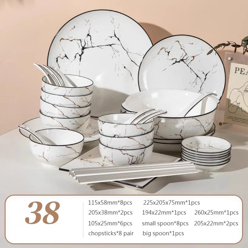 Elegant Marble Ceramic Dinnerware Set with Gold Inlay - Volaia