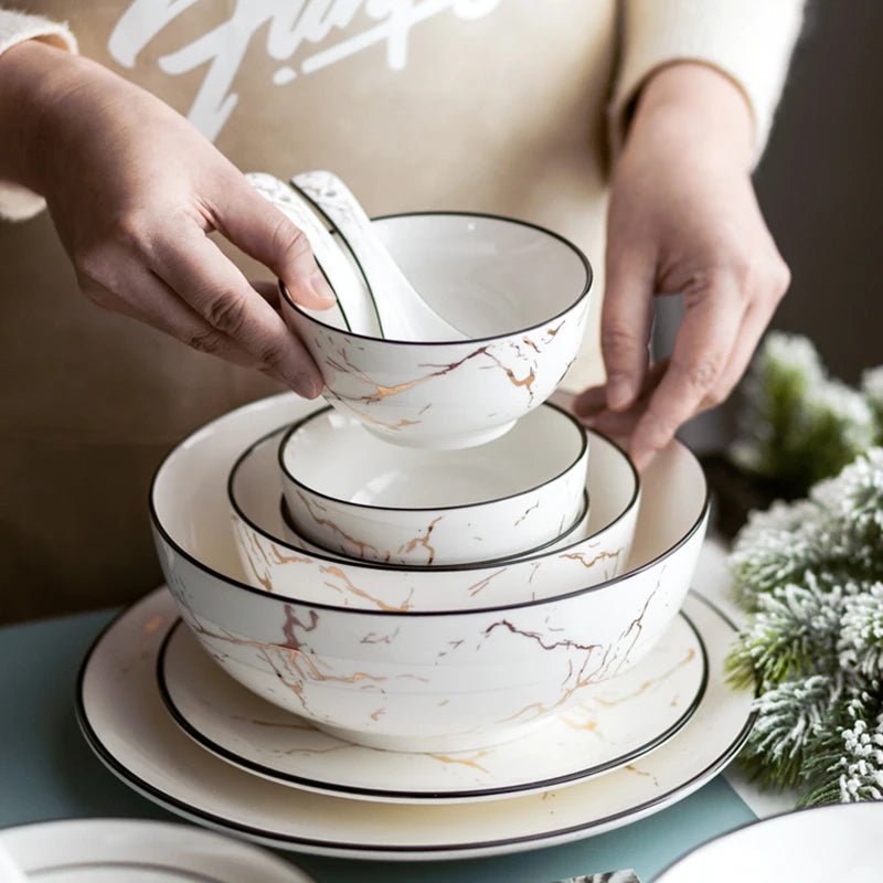 Elegant Marble Ceramic Dinnerware Set with Gold Inlay - Volaia