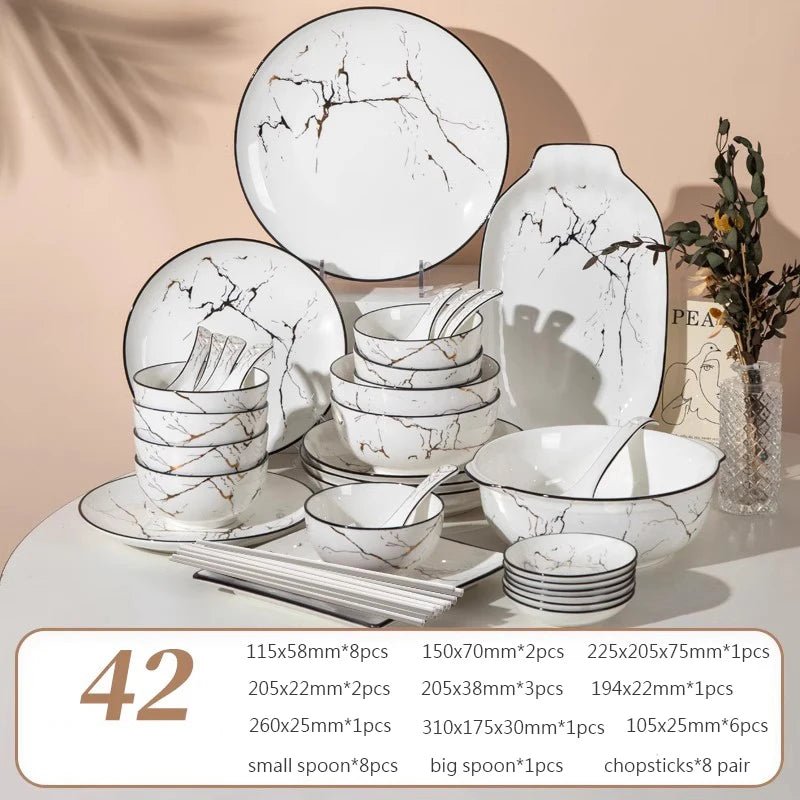 Elegant Marble Ceramic Dinnerware Set with Gold Inlay - Volaia