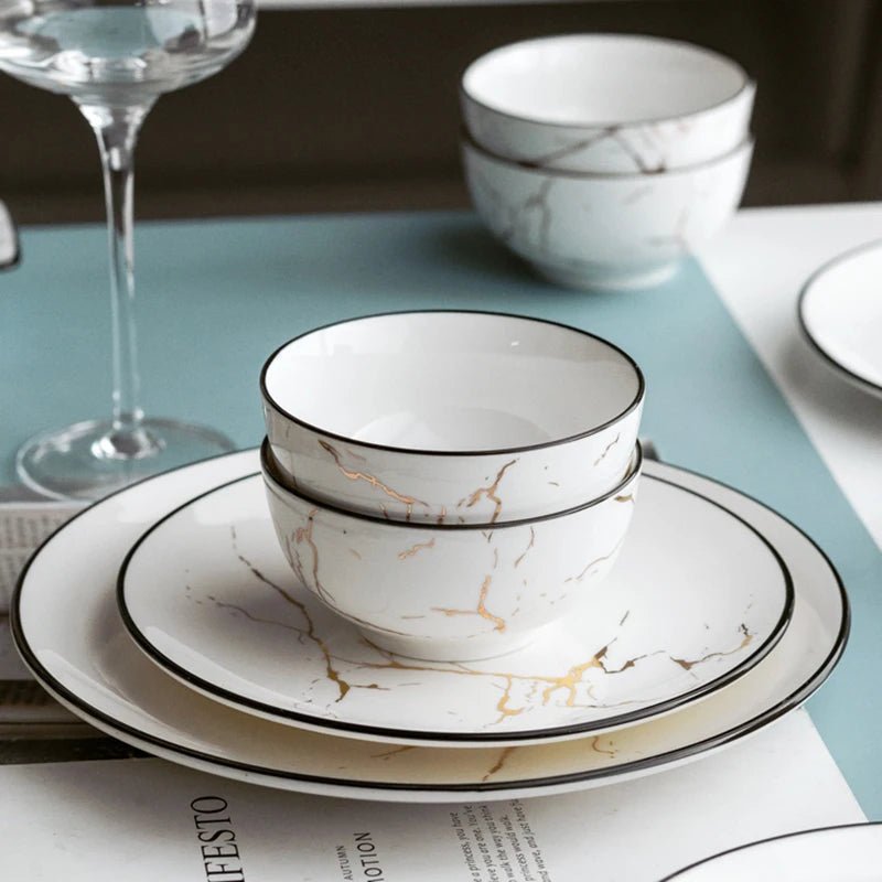 Elegant Marble Ceramic Dinnerware Set with Gold Inlay - Volaia