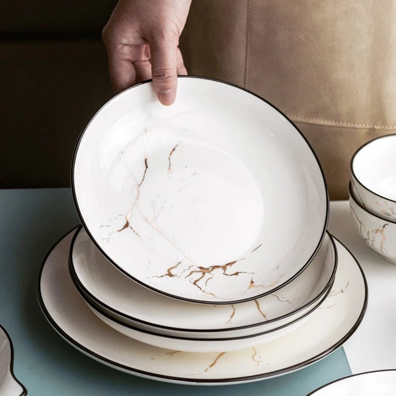 Elegant Marble Ceramic Dinnerware Set with Gold Inlay - Volaia