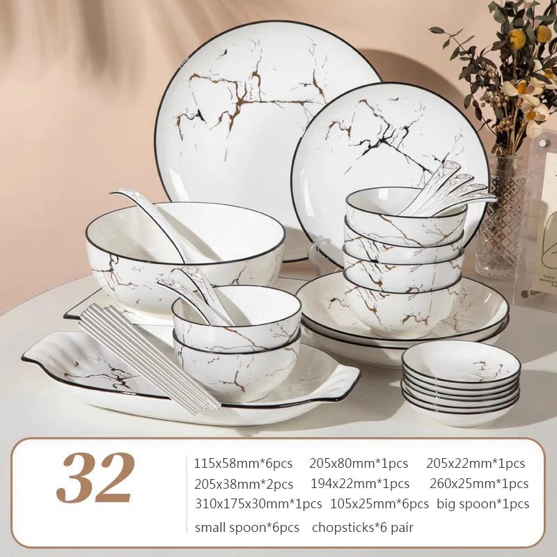 Elegant Marble Ceramic Dinnerware Set with Gold Inlay - Volaia
